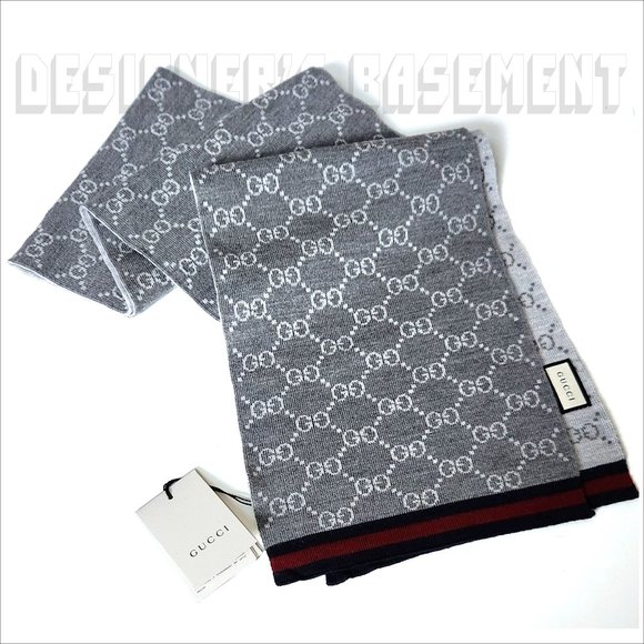GUCCI gray & white SOLANGE Original GG red & blue WEB wool reversible long scarf - Picture 1 of 5